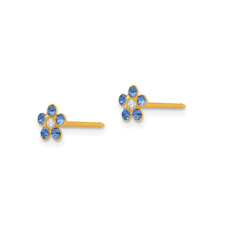 14k Yellow Gold Flower Stud Earrings with Six Blue Gemstones and White Center Stone