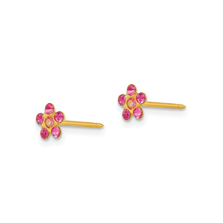 14k Yellow Gold Flower Stud Earrings with Pink Gemstones, Dainty Floral Design for Women and Girls