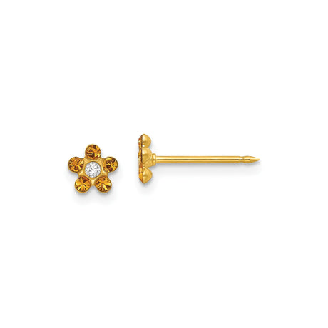 14k Yellow Gold Flower Stud Earrings with Amber Accents and Clear Center Stone