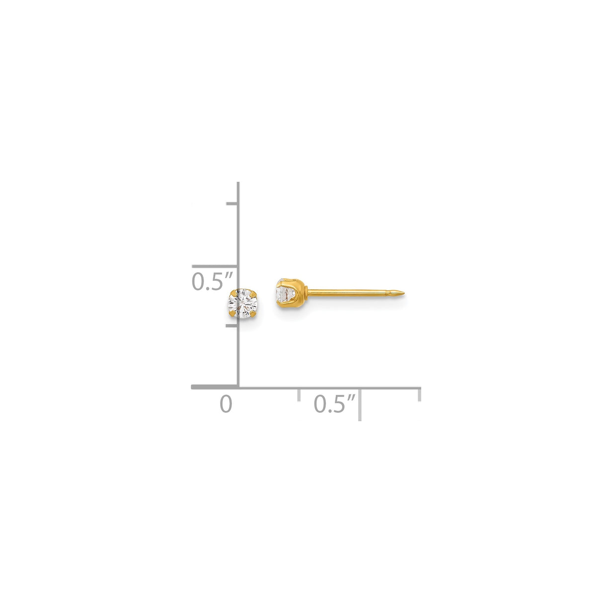 14k Yellow Gold Stud Earrings with Round Cut Cubic Zirconia in Solitaire Four Prong Setting