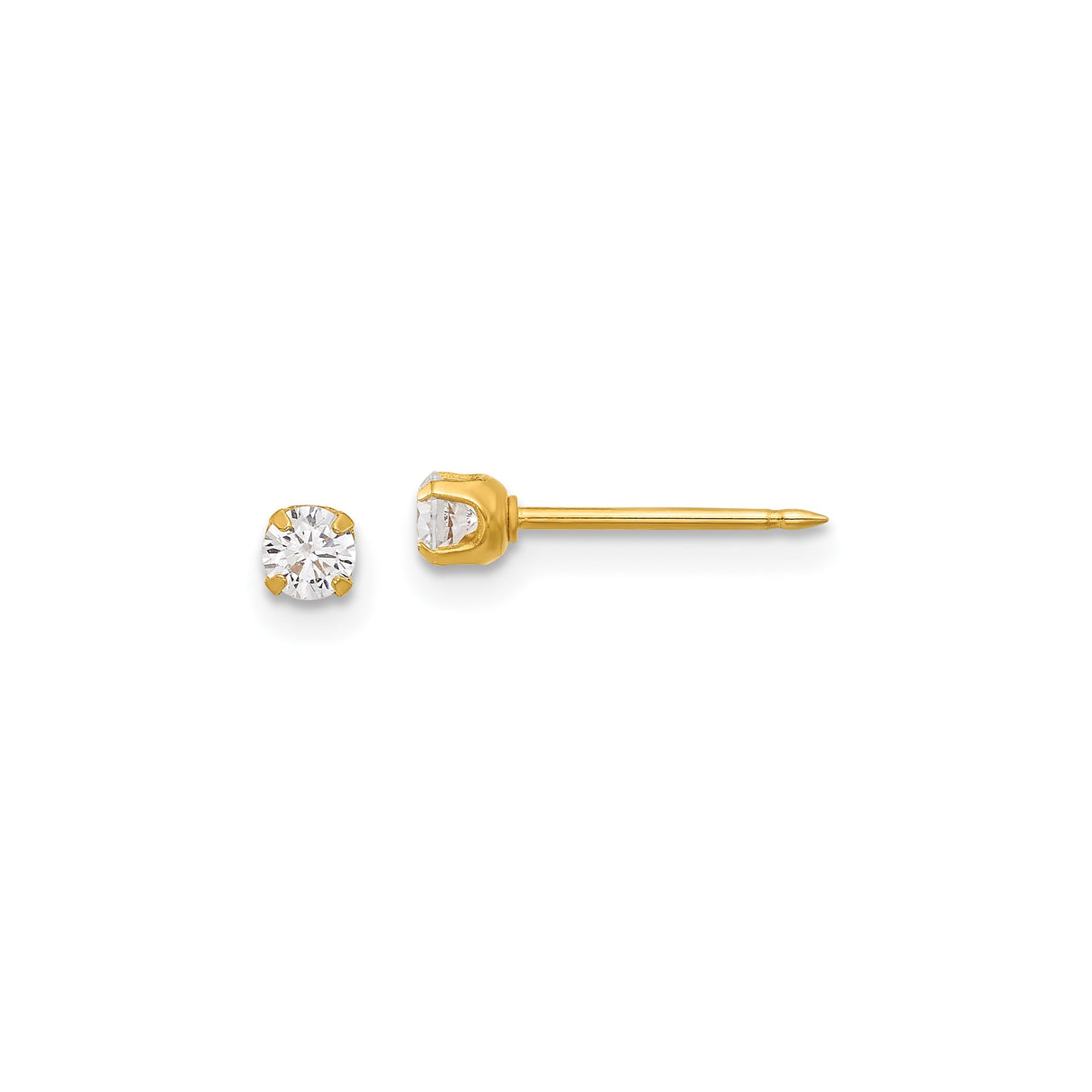 14k Yellow Gold Stud Earrings with Round Cut Cubic Zirconia in Solitaire Four Prong Setting