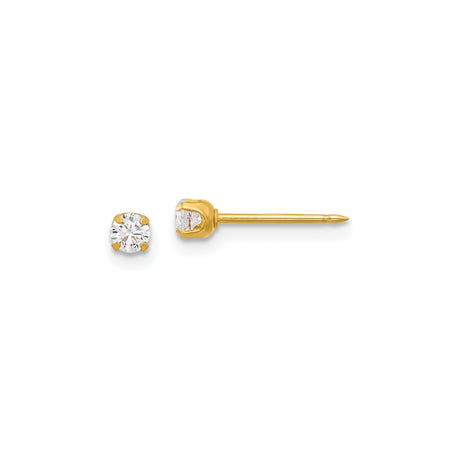 14k Yellow Gold Stud Earrings with Round Cut Cubic Zirconia in Solitaire Four Prong Setting