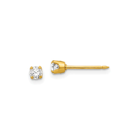 14k Yellow Gold Solitaire Stud Earrings with Round Clear Gemstone, Classic Four Prong Setting