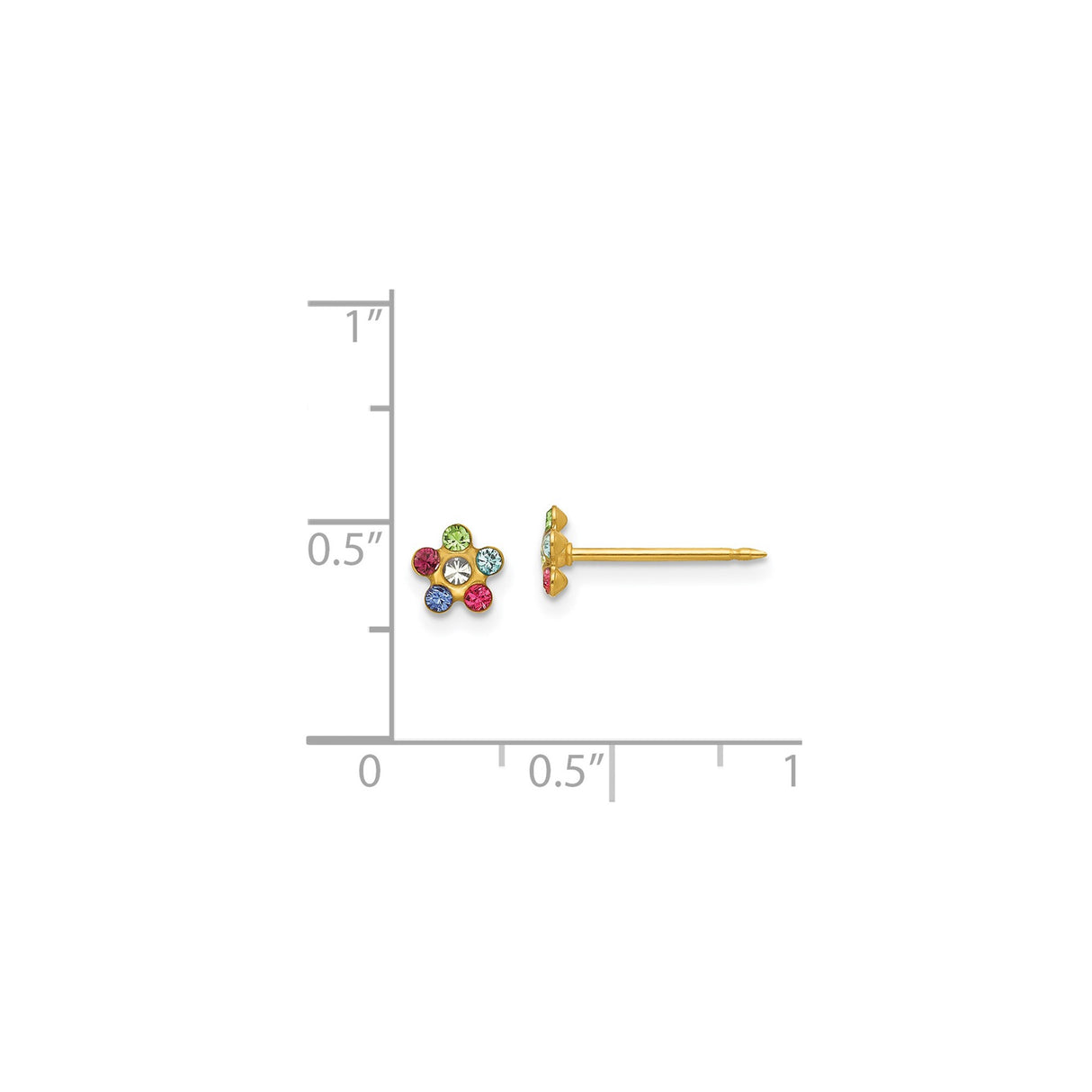 14k Yellow Gold Flower Stud Earrings with Multicolor Gemstones, Six-Petal Design
