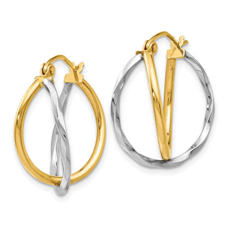 14k Two Tone Gold Twisted Hoop Earrings, Polished Yellow and White Oval-Round Design