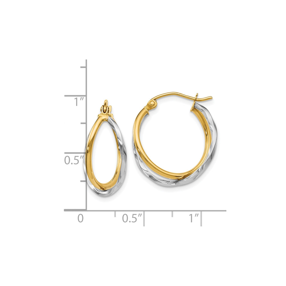 14k Two Tone Gold Twisted Hoop Earrings, Polished Yellow and White Oval-Round Design