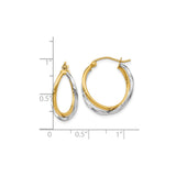 14k Two Tone Gold Twisted Hoop Earrings, Polished Yellow and White Oval-Round Design