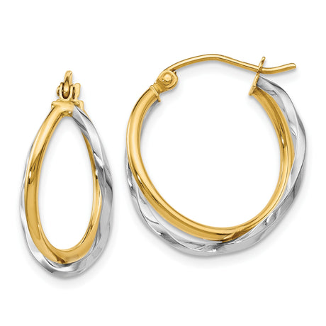 14k Two Tone Gold Twisted Hoop Earrings, Polished Yellow and White Oval-Round Design