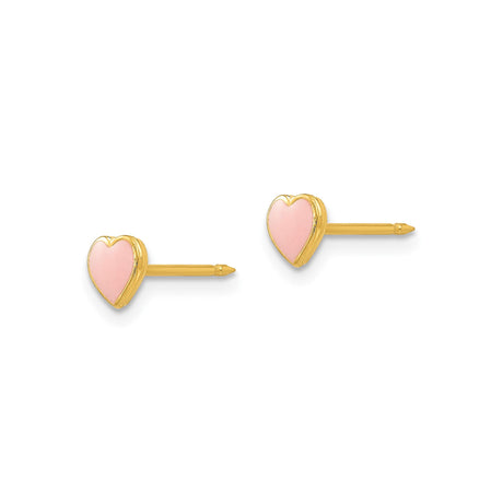 Stainless Steel Heart Stud Earrings with Pink Enamel, Gold Tone, Minimalist Design for Women and Girls