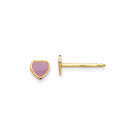 14k Yellow Gold Heart Stud Earrings with Pink Enamel Inlay, Dainty Minimalist Design
