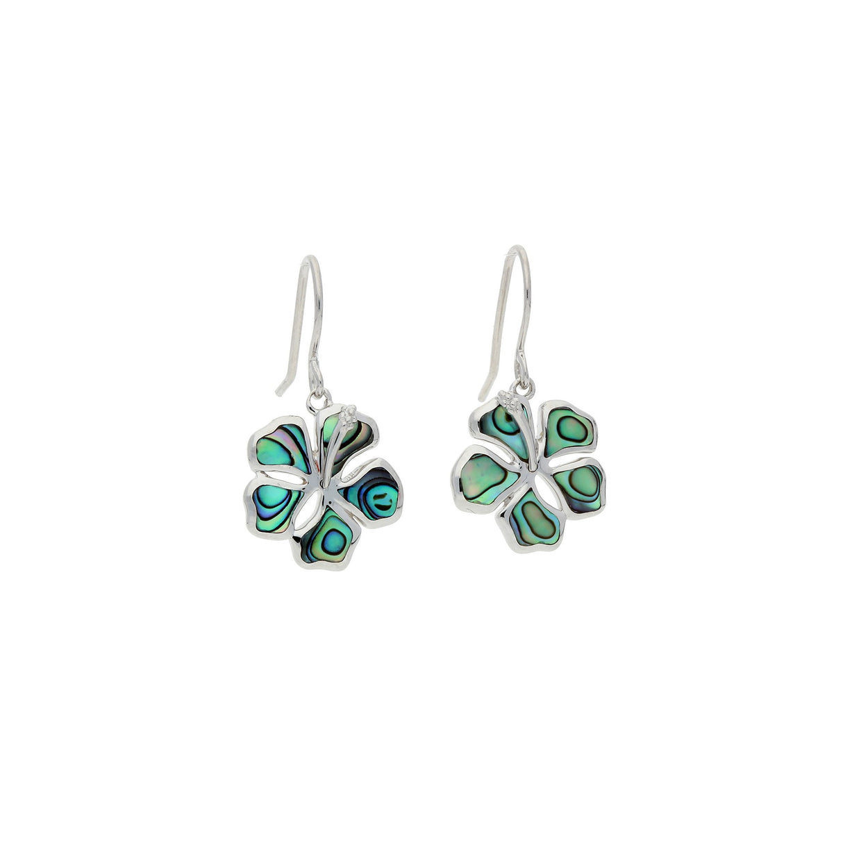 Sterling Silver Hibiscus Flower Dangle Earrings with Abalone Shell Inlay, Bohemian Beach Style