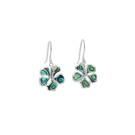 Sterling Silver Hibiscus Flower Dangle Earrings with Abalone Shell Inlay, Bohemian Beach Style