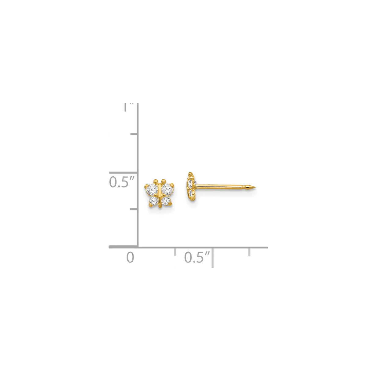 14k Yellow Gold Butterfly Stud Earrings with Round Cut Cubic Zirconia, Nature Inspired Design