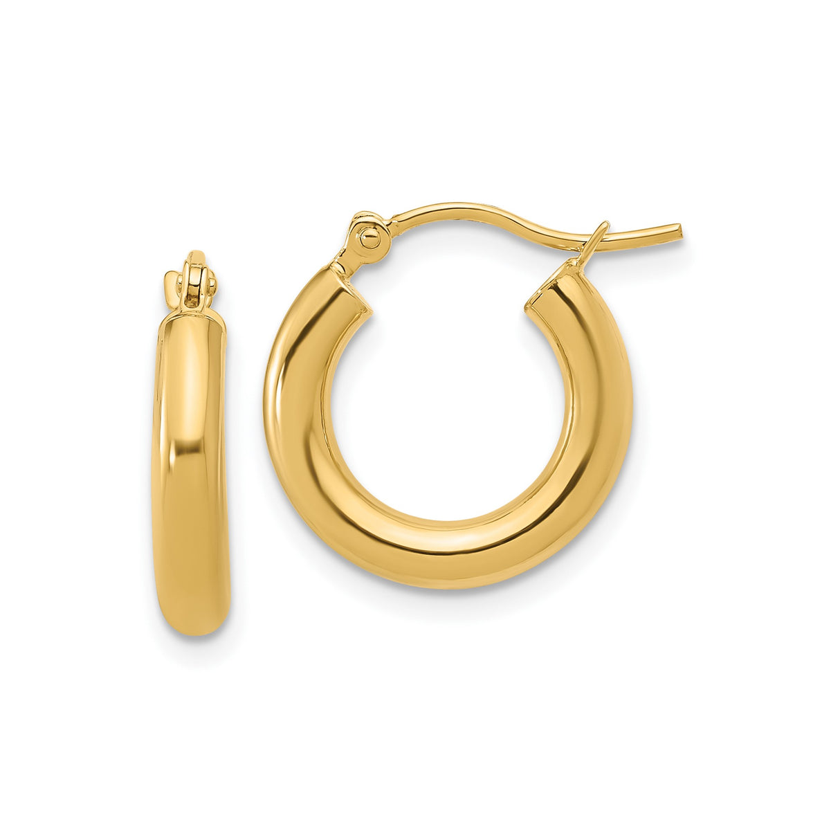 14k Yellow Gold Hoop Earrings, Classic Round Design with Hinged Latch, Polished Finish