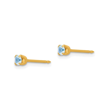 14k Yellow Gold Stud Earrings with Round Cut Light Blue Gemstones, Minimalist March Birthstone Jewelry