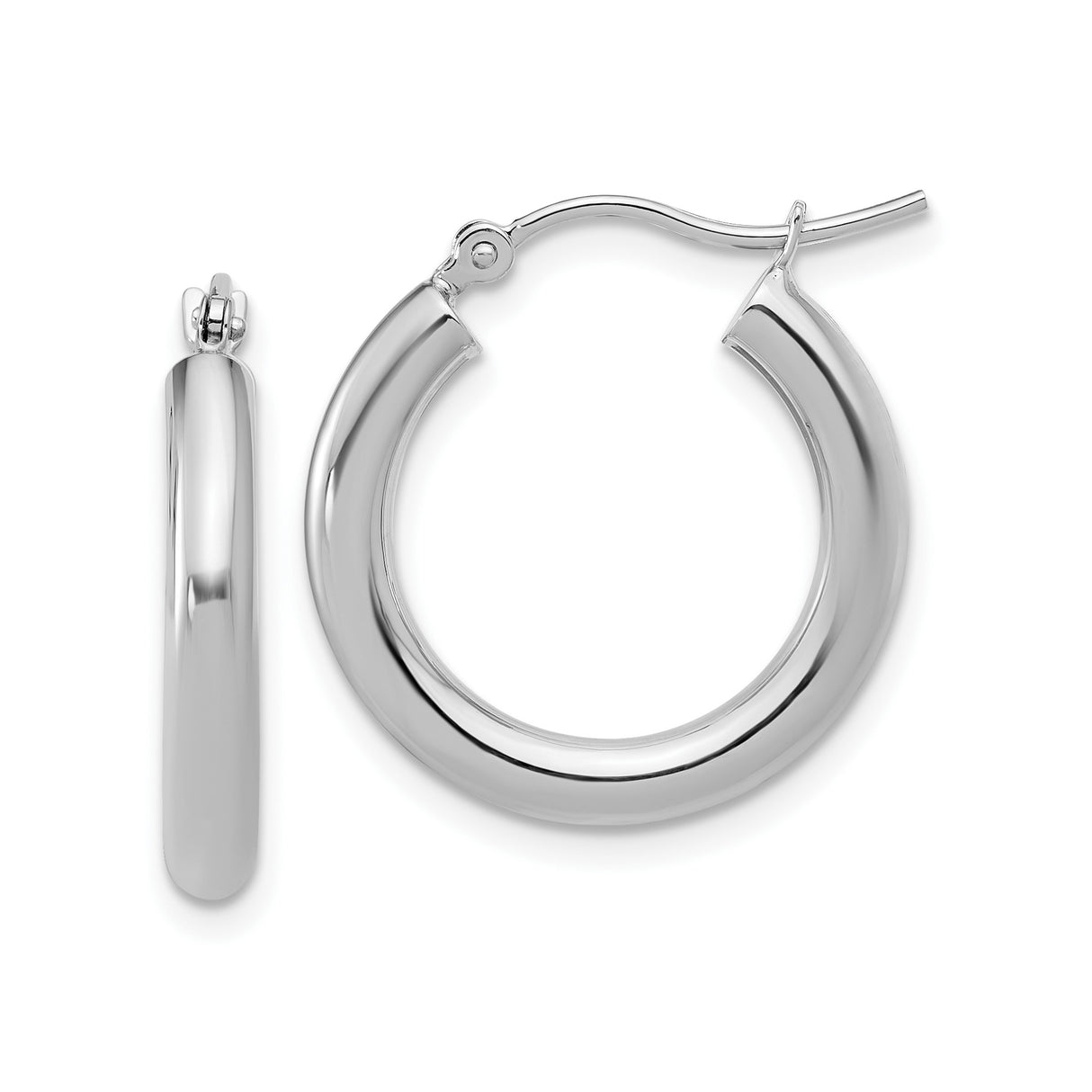 14k White Gold Hoop Earrings, Medium Round Polished Design, Lightweight Classic Style for Women