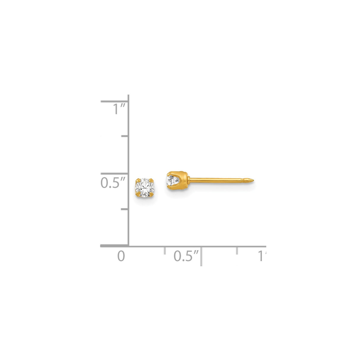 14k Yellow Gold Stud Earrings with Round Cut Clear Stone, Solitaire Four Prong Setting, Minimalist Style