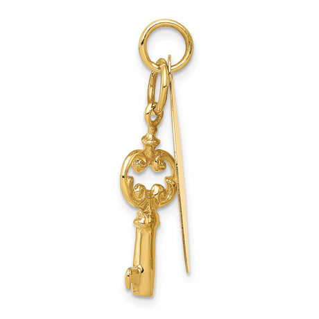14k Yellow Gold Pendant with Vintage Key and Engravable Disc, Sentimental Charm for Women