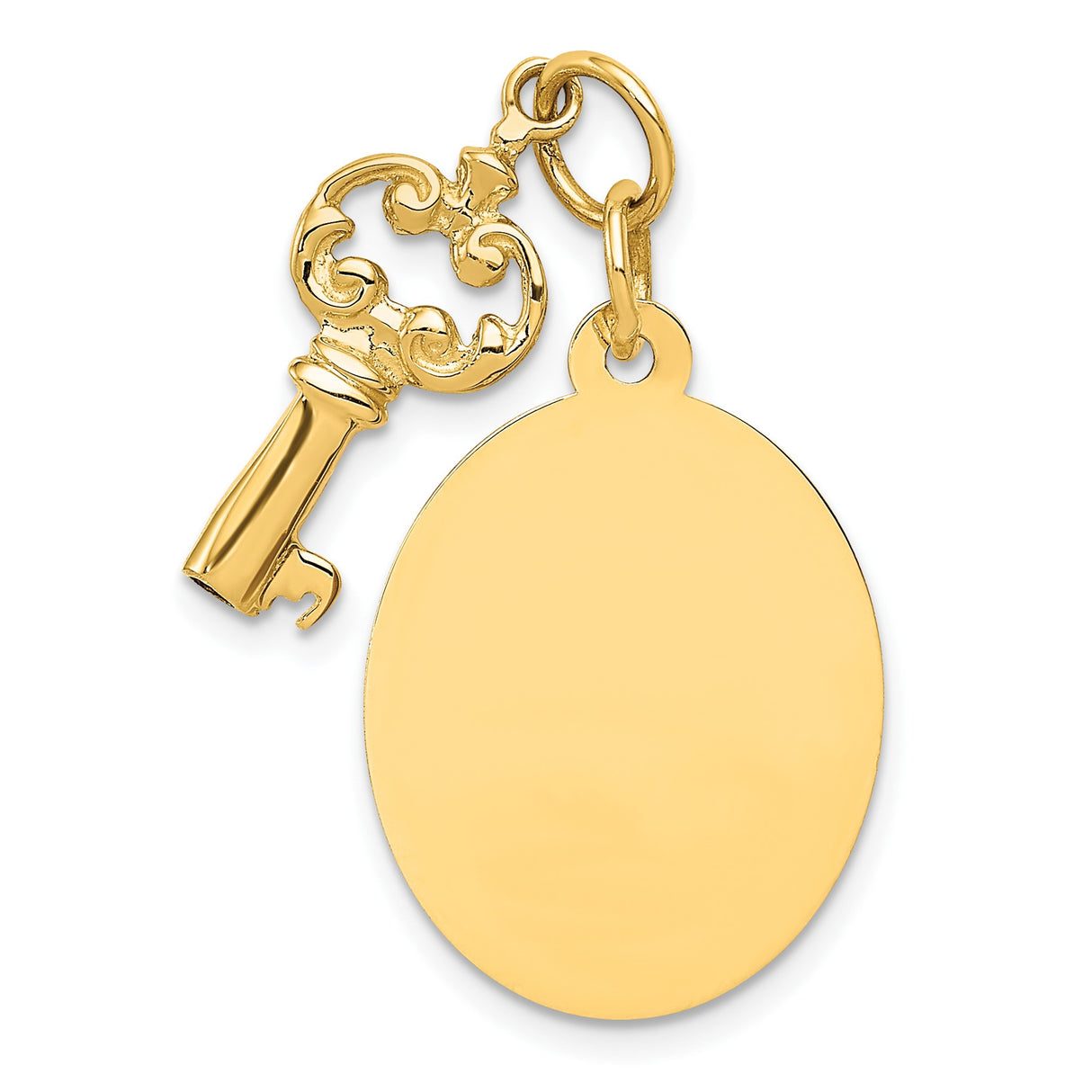 14k Yellow Gold Pendant with Vintage Key and Engravable Disc, Sentimental Charm for Women
