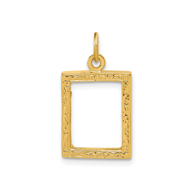 14k Yellow Gold Rectangular Photo Pendant with Floral Frame, Memory Keepsake Charm for Women