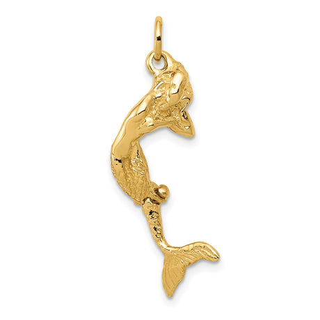 14k Yellow Gold Mermaid Pendant, Sculpted Nautical Charm with Mythical Ocean Design
