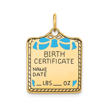 14k Yellow Gold Birth Certificate Charm Pendant with Blue Enamel Heart Detail