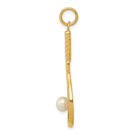 14k Yellow Gold Tennis Racket Pendant with Pearl Accent, Sports Charm for Women