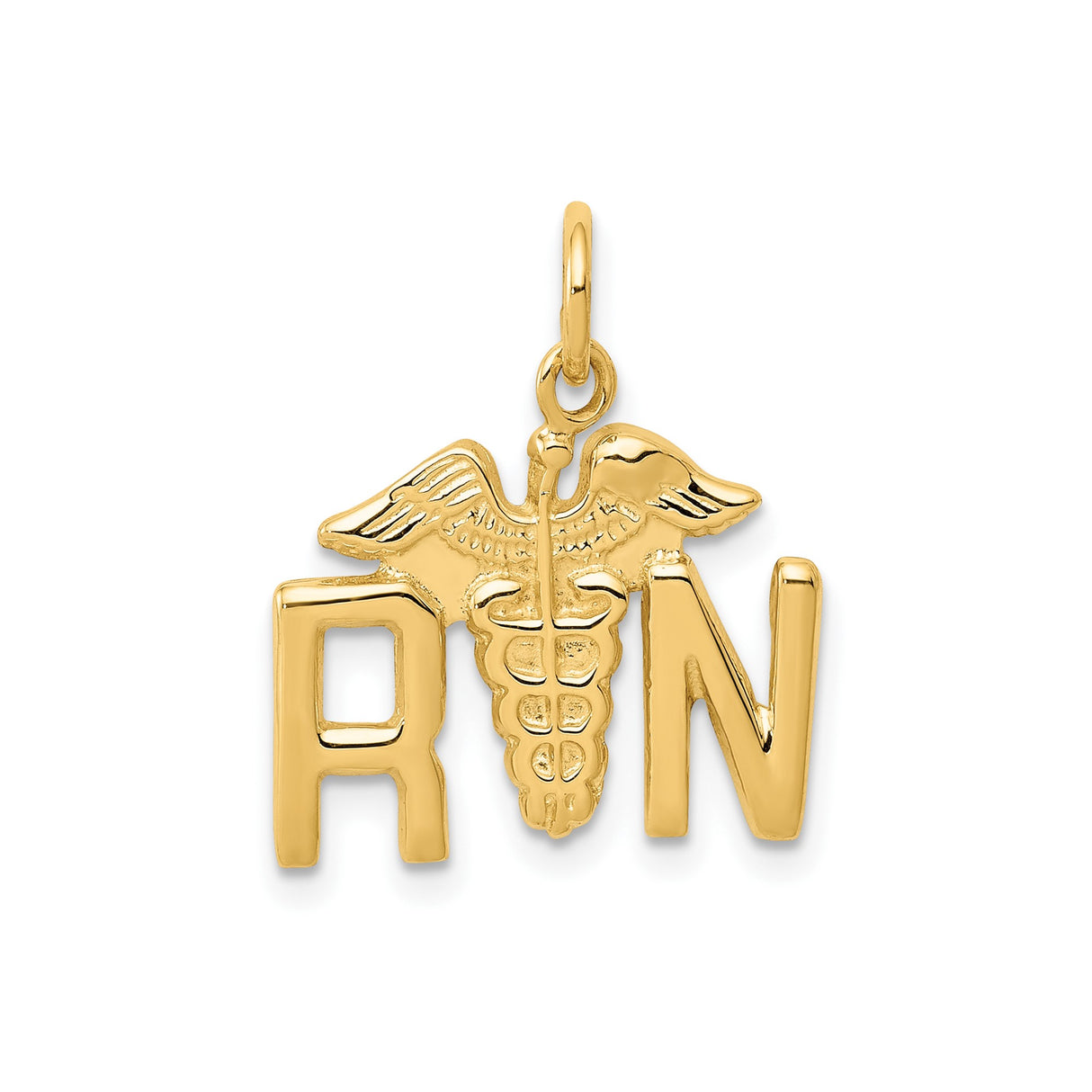14k Yellow Gold RN Caduceus Pendant , Registered Nurse Charm with Medical Symbol