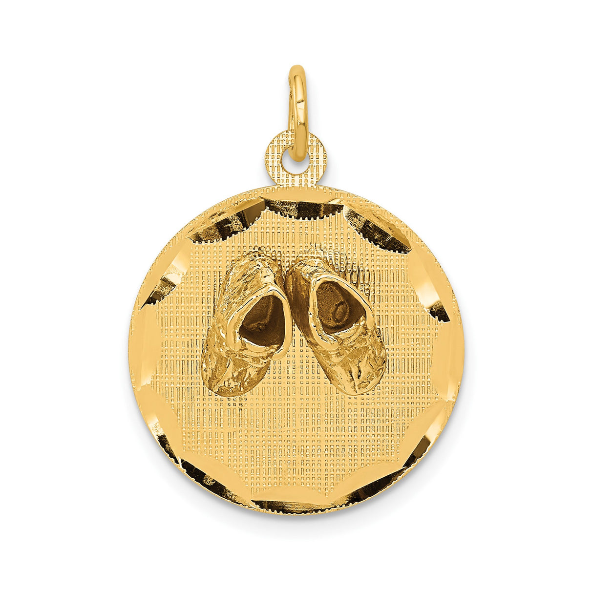 14k Yellow Gold Baby Shoes Pendant on Textured Round Disc, Sentimental Motherhood Charm for Women
