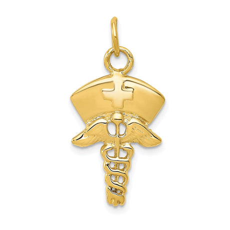 14k Yellow Gold Nurse Pendant with Caduceus Symbol, Medical Cap and Cross