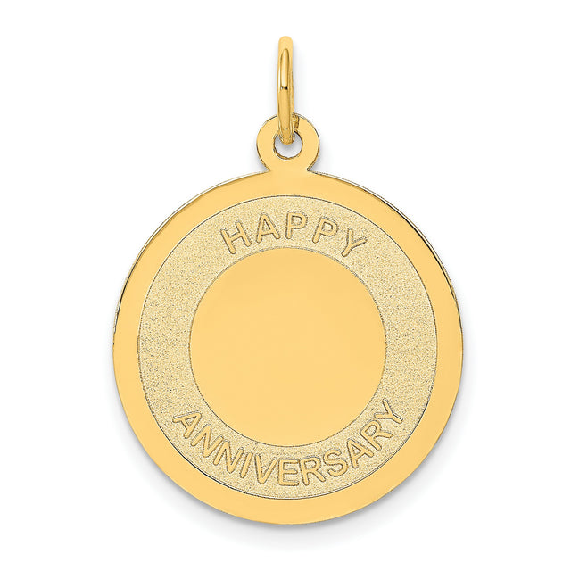 14k Yellow Gold Anniversary Pendant, Textured Circular Happy Anniversary Design Charm