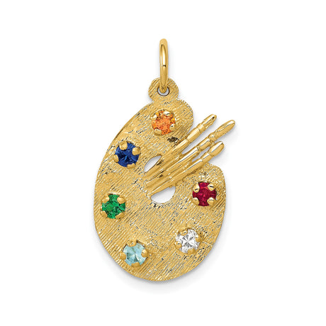 14k Yellow Gold Artist Palette Pendant with Cubic Zirconia, Birthstone Accents, Paintbrush Detail