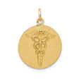 14k Yellow Gold Caduceus Pendant, Round Disc Medical Symbol with Winged Staff and Snakes