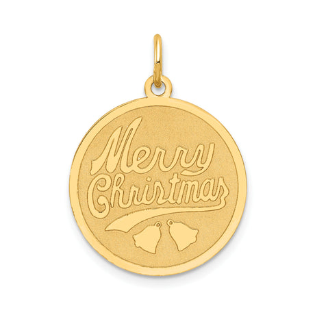 14k Yellow Gold Round Pendant with Merry Christmas Engraving and Holiday Bells