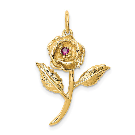 14k Yellow Gold Rose Flower Pendant with Cubic Zirconia, Botanical Design Charm for Women
