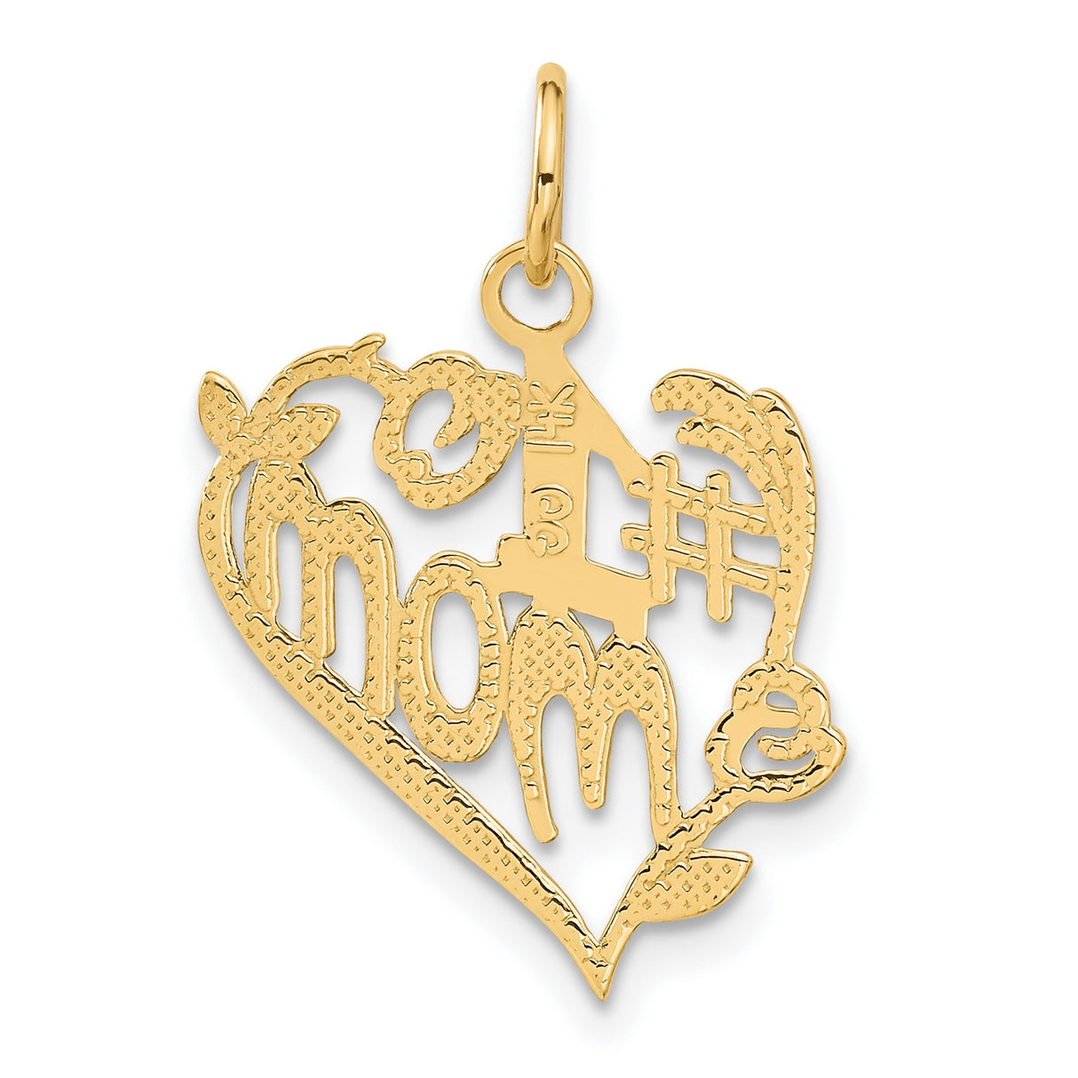 #1 Mom Words In Vining Heart Charm Pendant in Real 14k Yellow Gold