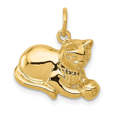Cat Laying With Ball Charm Pendant in Real 14k Yellow Gold