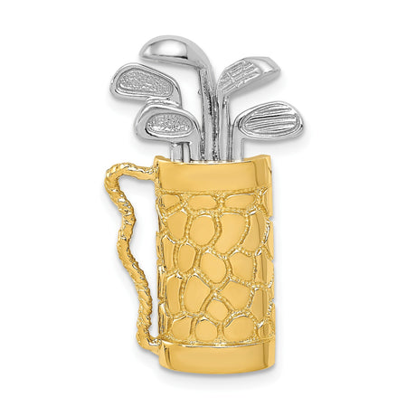 14k Two-Tone Gold Golf Bag Pendant with Clubs, Textured Sports Jewelry for Golfers