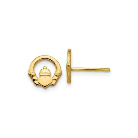 14k Yellow Gold Claddagh Stud Earrings with Heart, Crown and Hands Celtic Design for Women