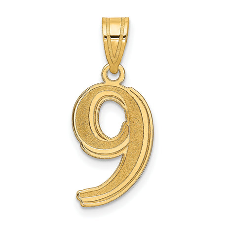 14k Yellow Gold Number 9 Pendant, Polished and Textured Modern Numeric Charm, Unisex