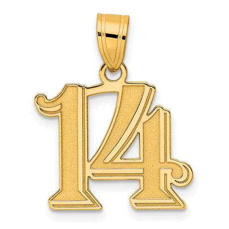 Polished Etched Number 14 Charm Pendant in Real 14k Yellow Gold
