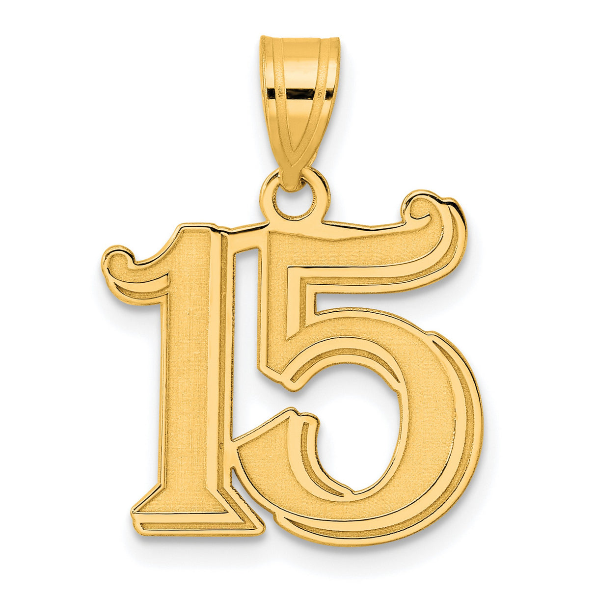Polished Etched Number 15 Charm Pendant in Real 14k Yellow Gold