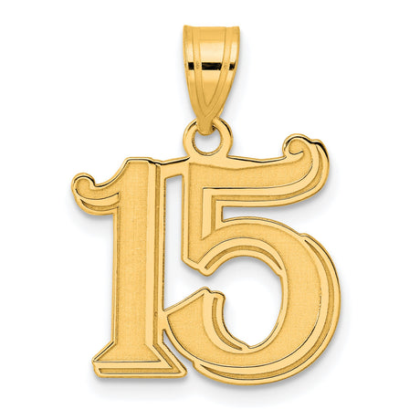 Polished Etched Number 15 Charm Pendant in Real 14k Yellow Gold