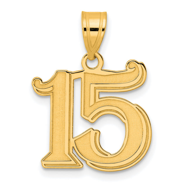 Polished Etched Number 15 Charm Pendant in Real 14k Yellow Gold