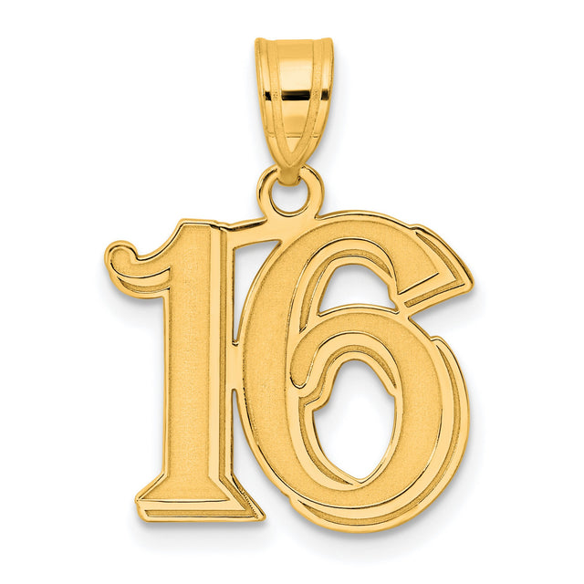 Polished Etched Number 16 Charm Pendant in Real 14k Yellow Gold
