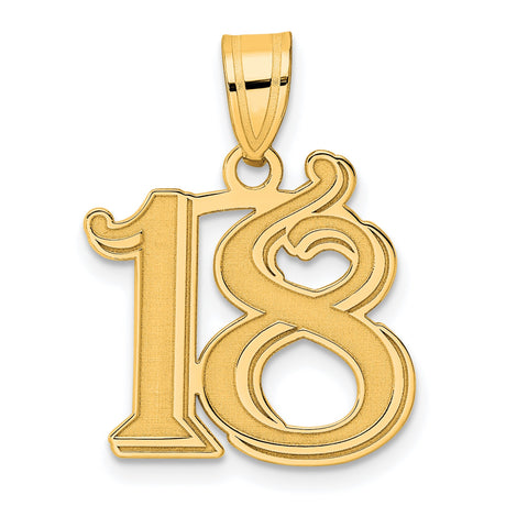 Polished Etched Number 18 Charm Pendant in Real 14k Yellow Gold