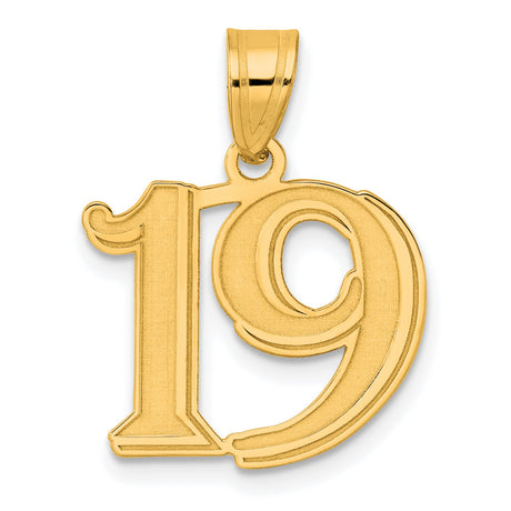 Polished Etched Number 19 Charm Pendant in Real 14k Yellow Gold