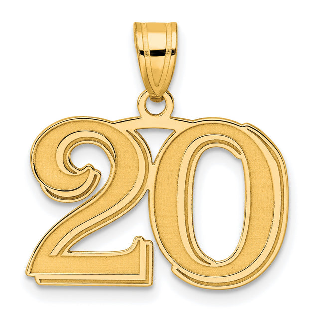 Polished Etched Number 20 Charm Pendant in Real 14k Yellow Gold