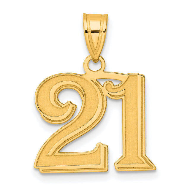 Polished Etched Number 21 Charm Pendant in Real 14k Yellow Gold