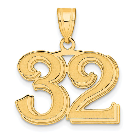 Polished Etched Number 32 Charm Pendant in Real 14k Yellow Gold